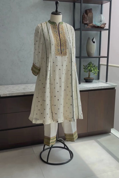 Off White Mirror Embroidered Kurta Set With Yellow and Green Yoke