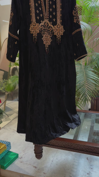 Black Velvet Kurta Set with Hand-Embroidered Yoke & Beaded Tassels