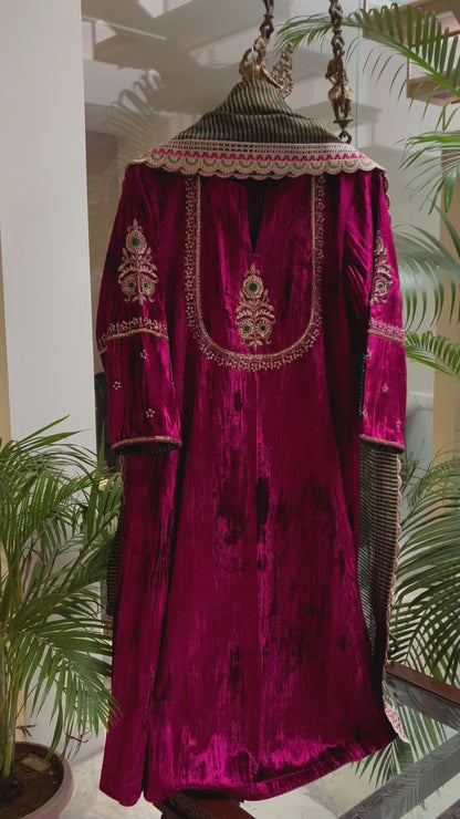 Ruby Pink Velvet Hand Embroidered Noor Kurta Set