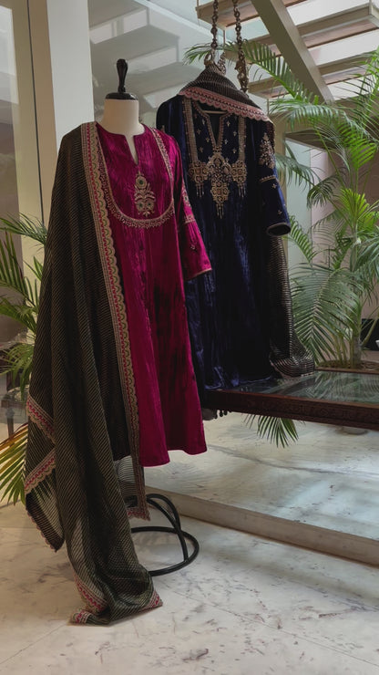 Royal Blue Velvet Kurta Set with Hand-Embroidered Yoke & Beaded Tassels