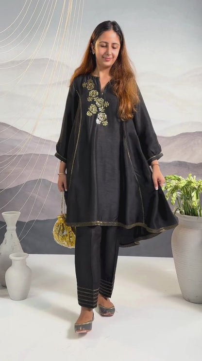 Black Flared High Low Silk Kurta Set