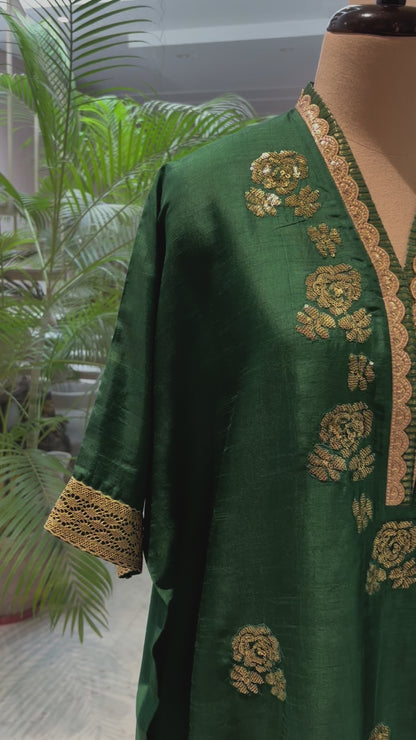 Emerald Green Silk Kaftan Set with Sequin Embroidery